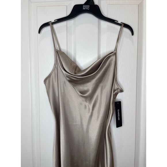 Bebe NWT Tan Champagne Satin style Slip Dress Large - Picture 6 of 15